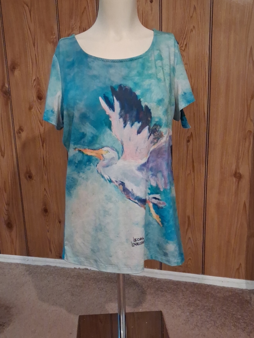Women's Short Sleeve Heron Print Tee in Turquoise Blue